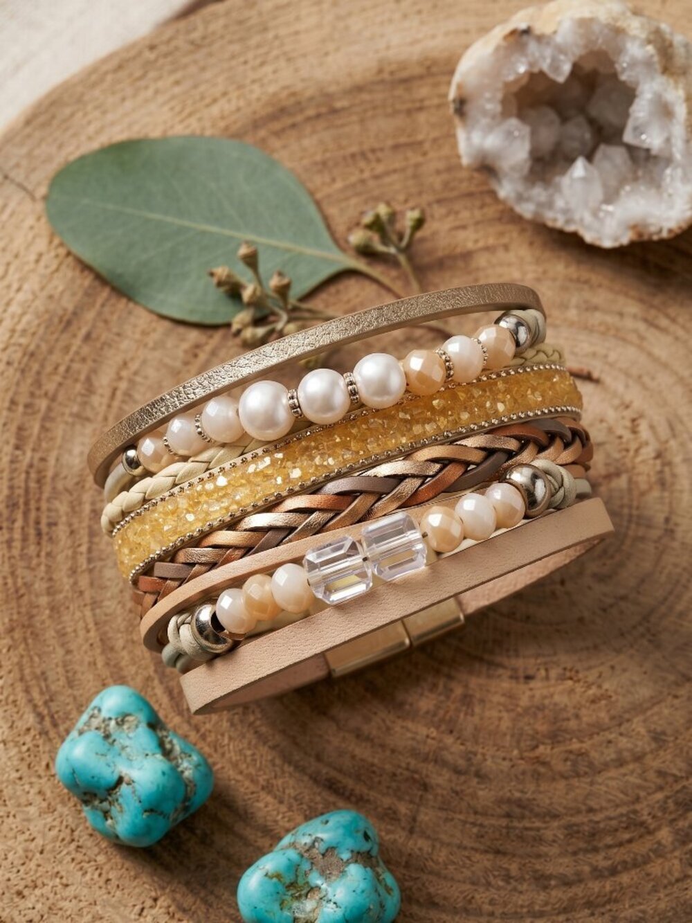 Layered Vegan Leather Bracelet Boho Chic Faux Pearl Magnetic Stack Beige 7.5in